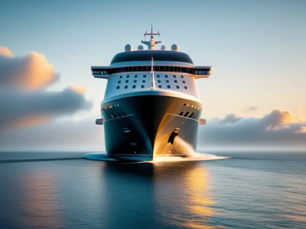 Un crucero futurista de lujo navega con elegancia en un mar tranquilo y cielo despejado