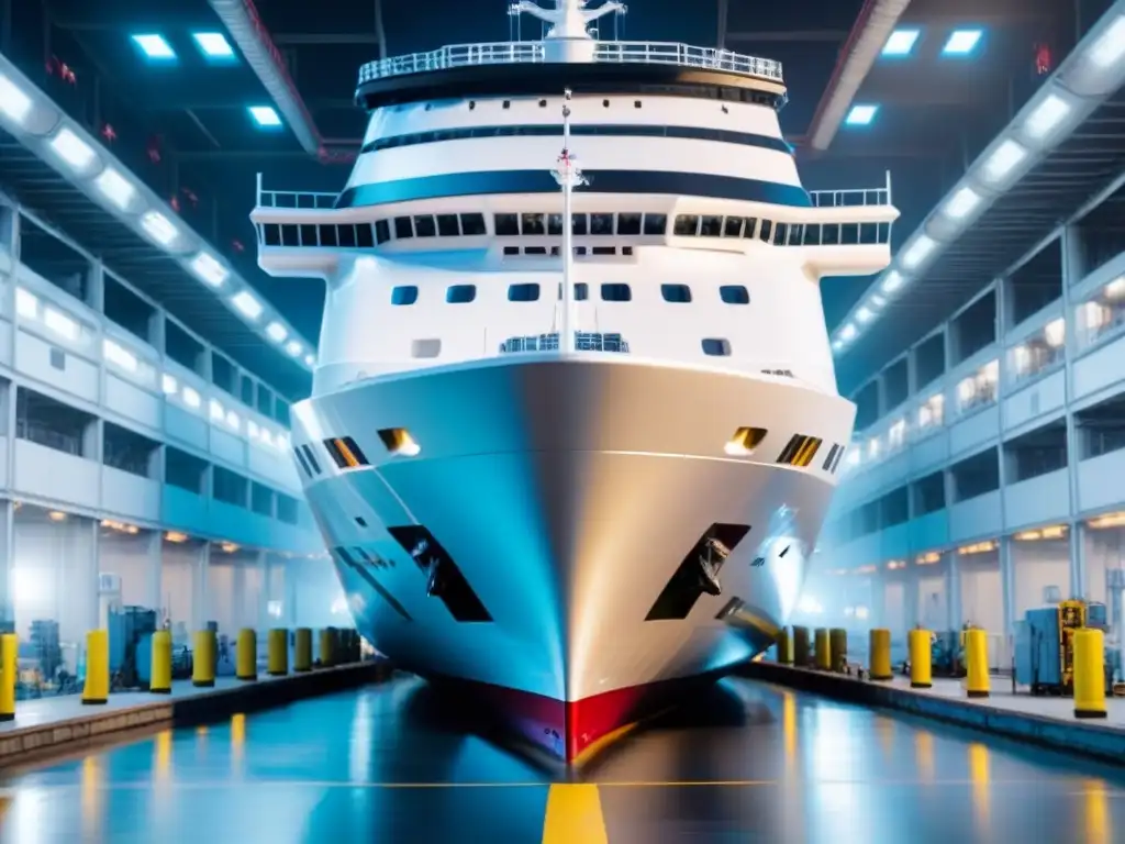 Un crucero futurista en mantenimiento con tecnología avanzada, reflejando las últimas tendencias en mantenimiento de cruceros