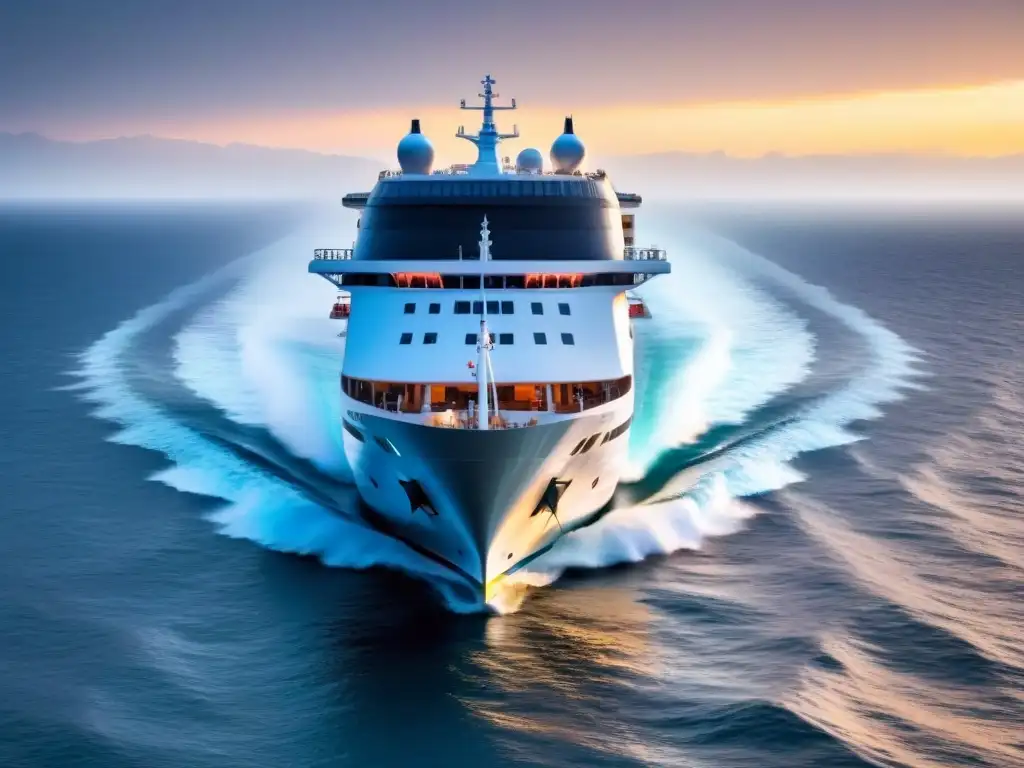 Crucero ecológico del futuro surcando el mar al atardecer Un crucero futurista navega suavemente en el mar al atardecer, con energía sustentable