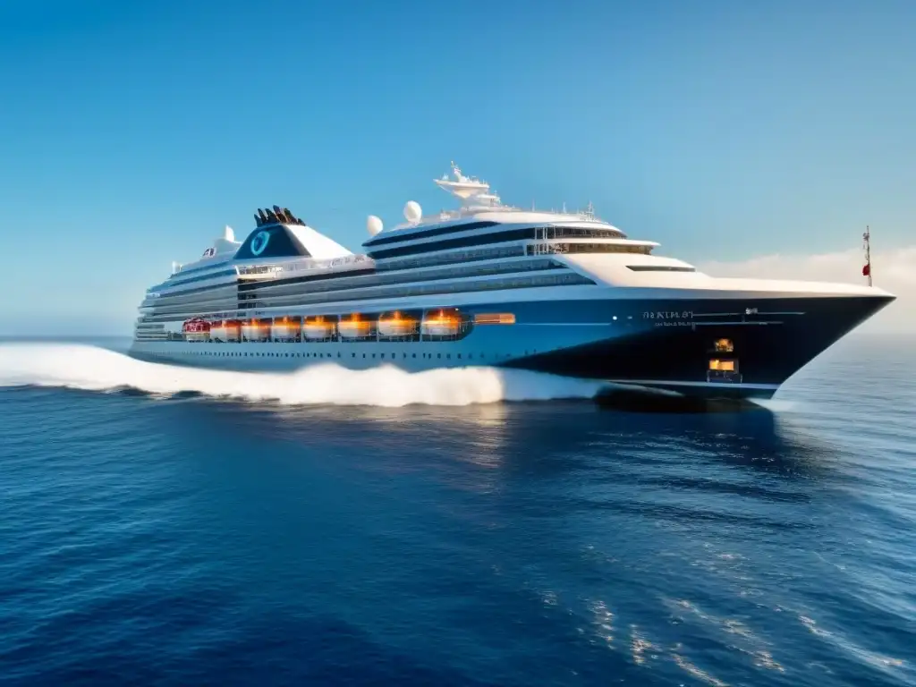 Un crucero futurista avanza sobre el mar azul brillante con tecnología de propulsión magnética