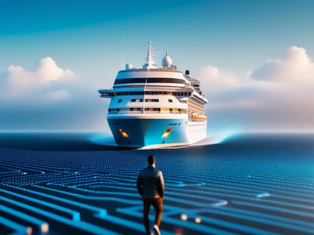 Un crucero futurista navega sobre un mar de código binario, fusionando criptomonedas en turismo marítimo