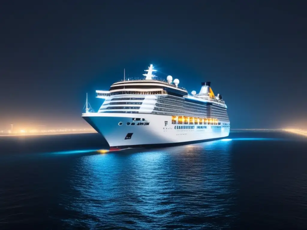 Un crucero futurista surca un mar de criptomonedas, simbolizando el pago de crucero con Bitcoin