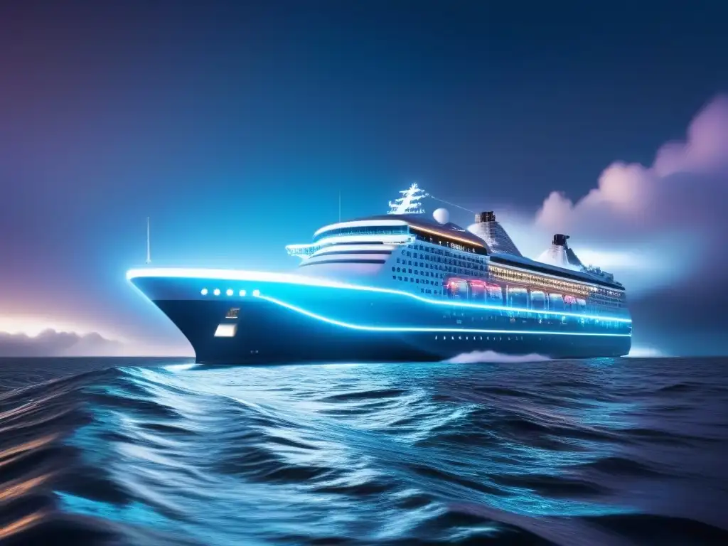 Un crucero futurista navega en un mar de datos, representando la seguridad cibernética en cruceros