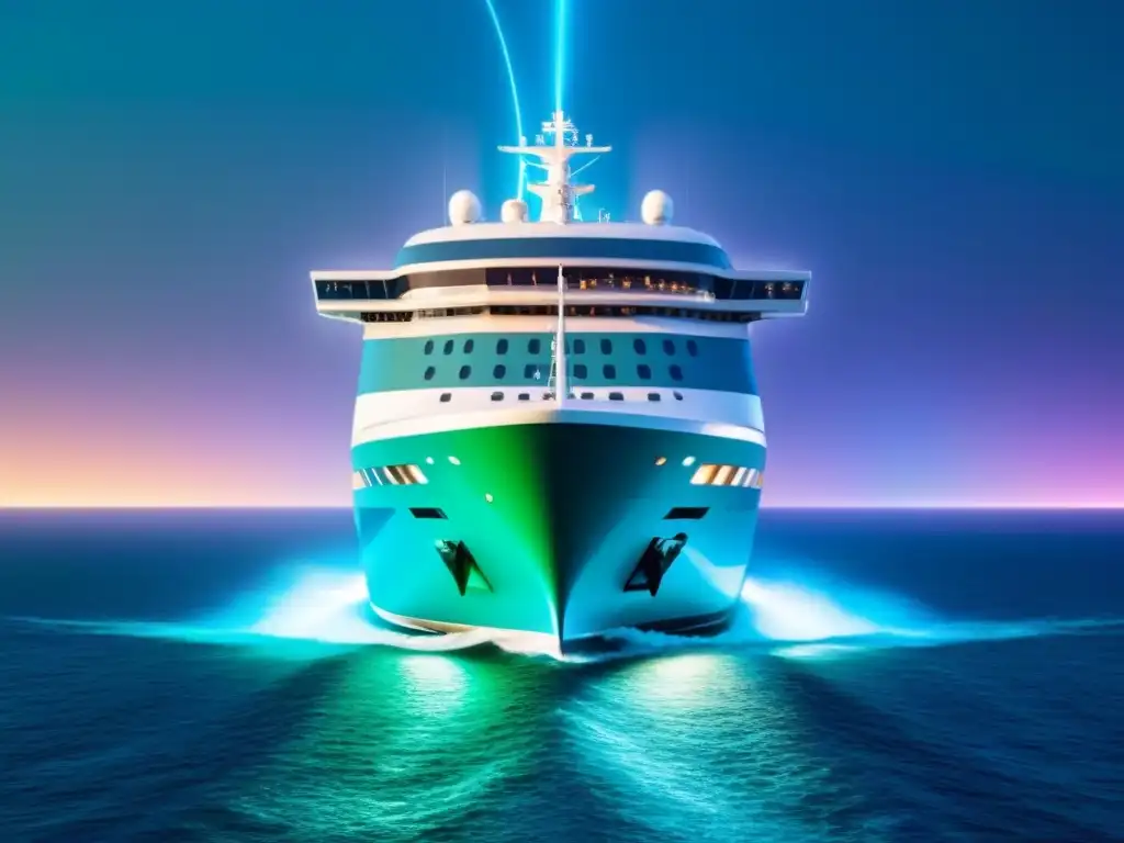 Un crucero futurista surca un mar de datos digitales, fortaleciendo sus defensas digitales en cruceros