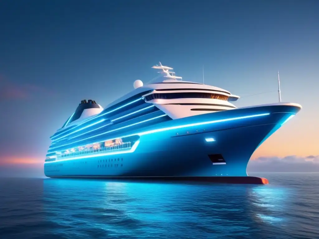 Un crucero futurista navegando por un mar digital, con alta tecnología integrada