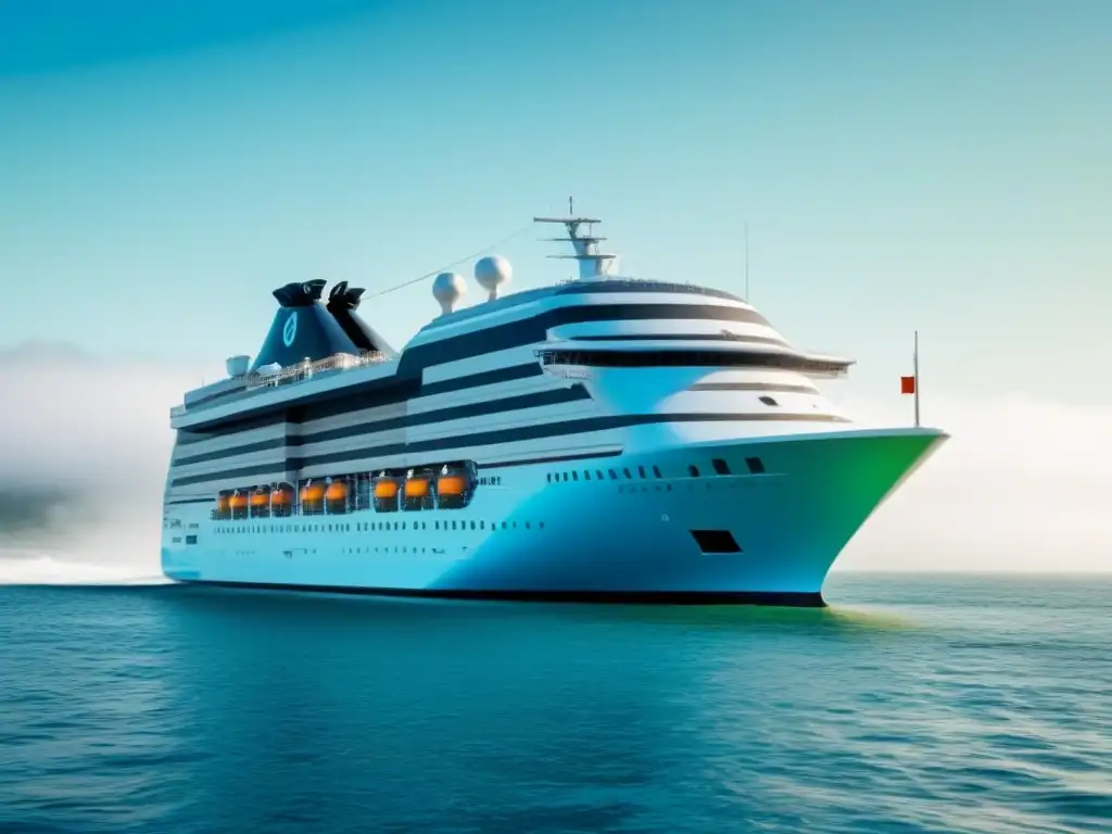 Un crucero futurista navega en un mar digital de blockchain, simbolizando el turismo marítimo sostenible con criptomonedas