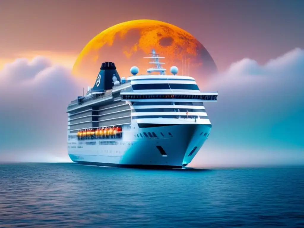 Un crucero futurista navegando en un mar digital de códigos binarios, simbolizando la adopción de criptomonedas en cruceros