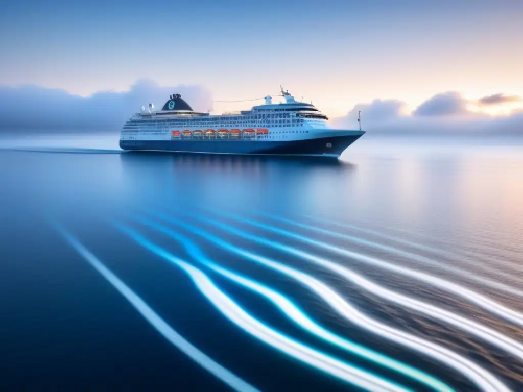 Un crucero futurista navega en un mar digital de códigos binarios, en tonos azules y blancos, simbolizando la Seguridad cibernética en cruceros marítimos