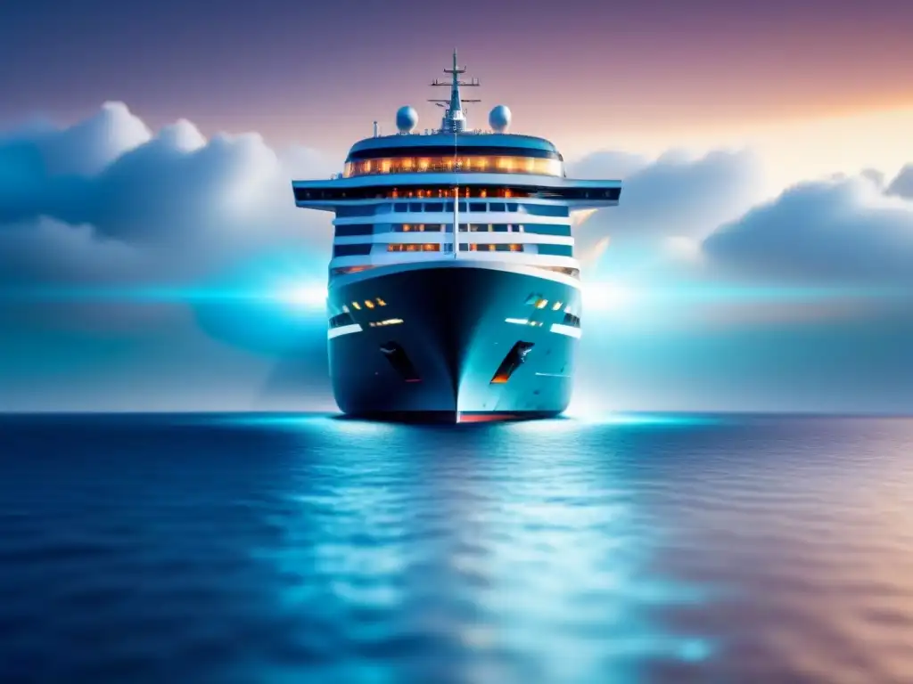 Un crucero futurista navega en un mar digital de códigos binarios, representando la seguridad cibernética en cruceros marítimos