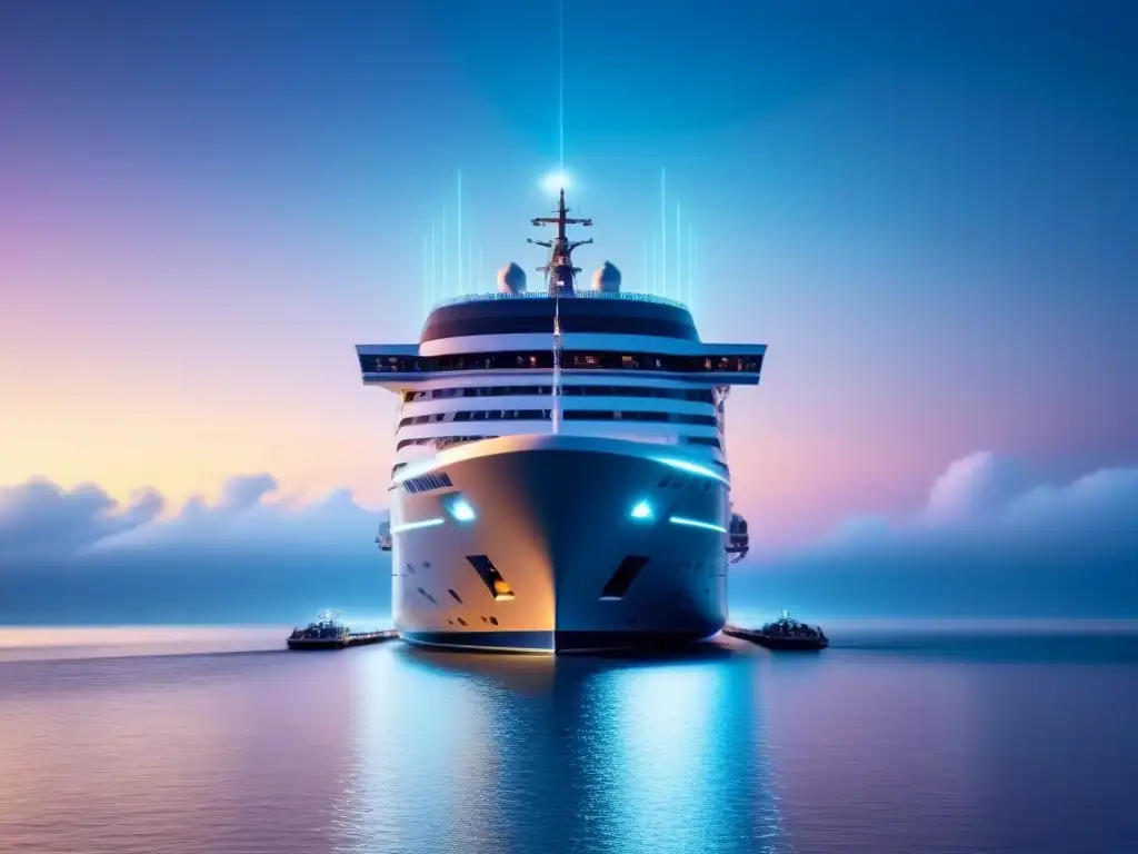 Un crucero futurista navega en un mar tranquilo rodeado de señales digitales, integrando tecnología y turismo marítimo