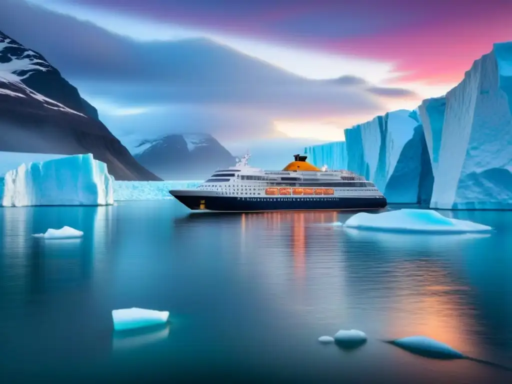 Un crucero futurista explorando mercados inaccesibles en aguas árticas con glaciares y atardecer rosado