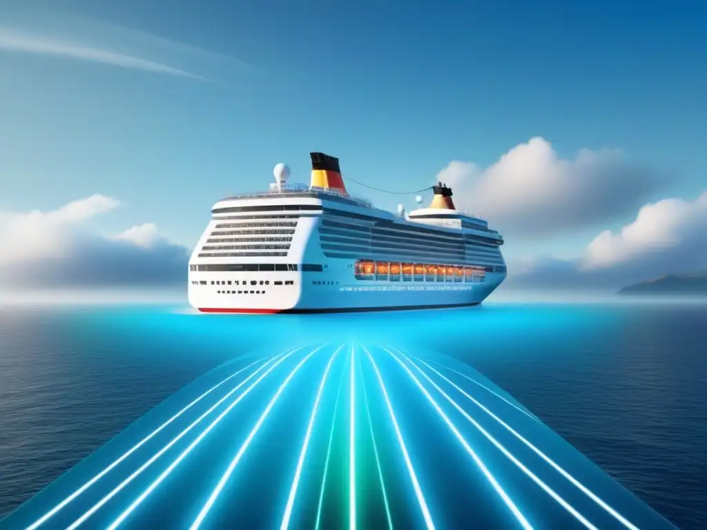 Un crucero futurista flotando en un océano digital con íconos de aplicaciones móviles innovadoras