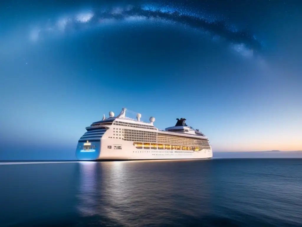 Un crucero futurista navega en un océano sereno bajo un cielo estrellado, representando innovaciones tecnológicas en cruceros