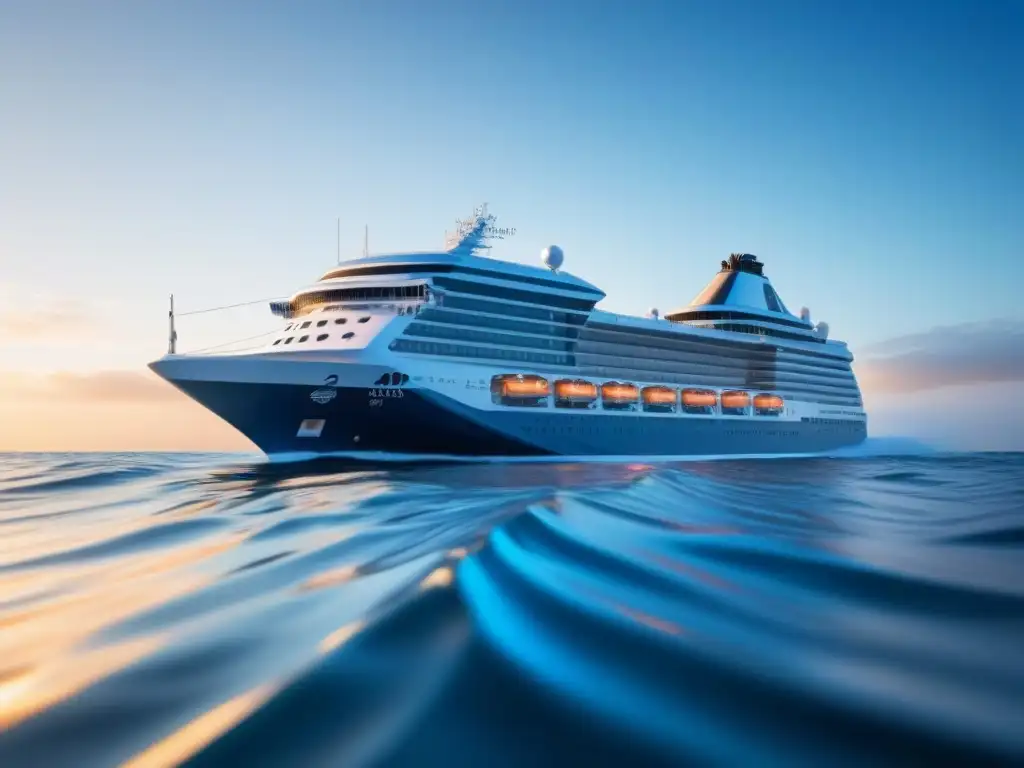Un crucero futurista navega entre olas digitales, destacando la importancia de la seguridad cibernética en cruceros