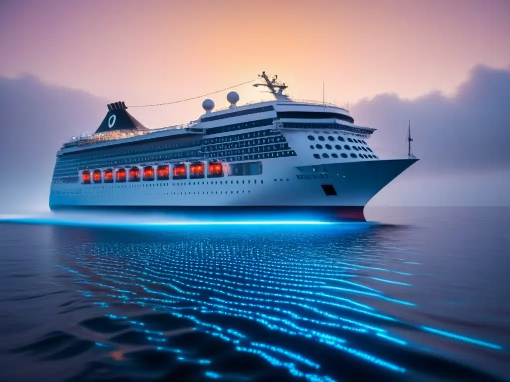 Un crucero futurista navega entre olas digitales de código binario, representando la seguridad cibernética en cruceros