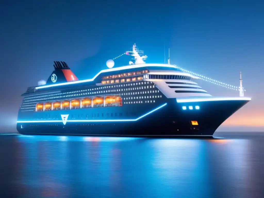 Un crucero futurista navega entre olas digitales, protegido por un escudo de ciberseguridad