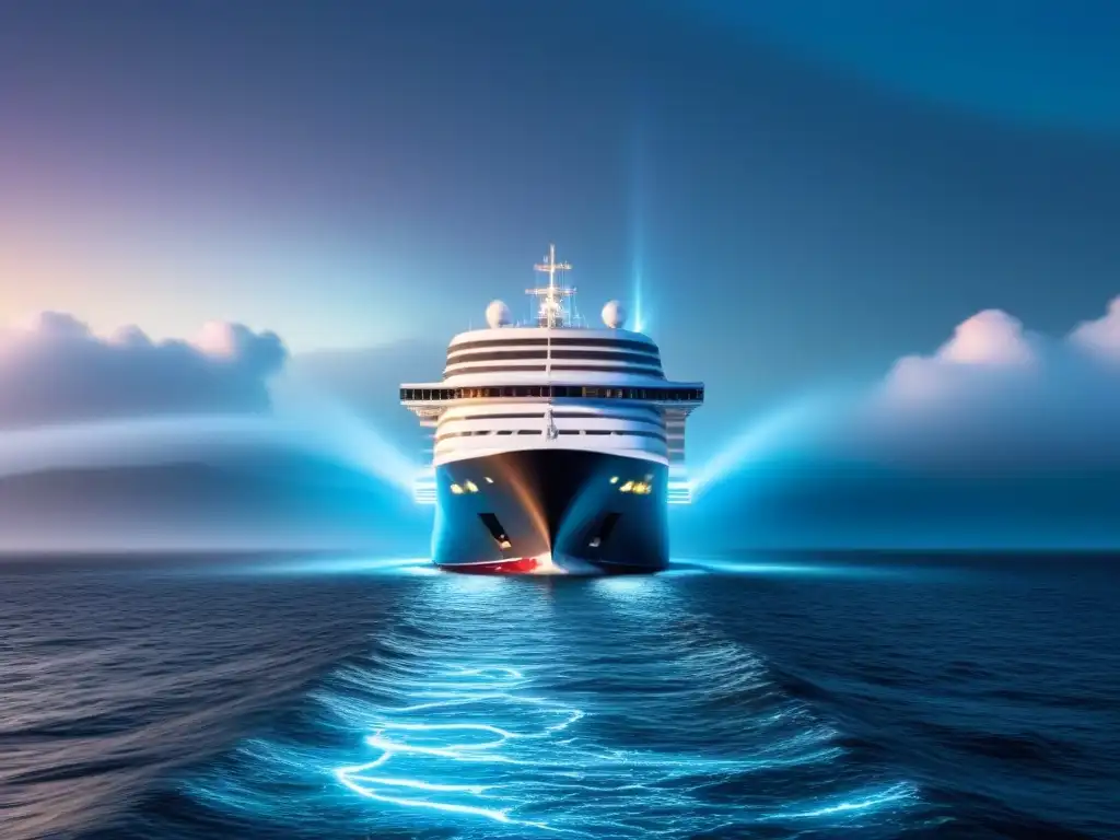 Un crucero futurista navegando entre olas digitales con IA en la personalización de cruceros