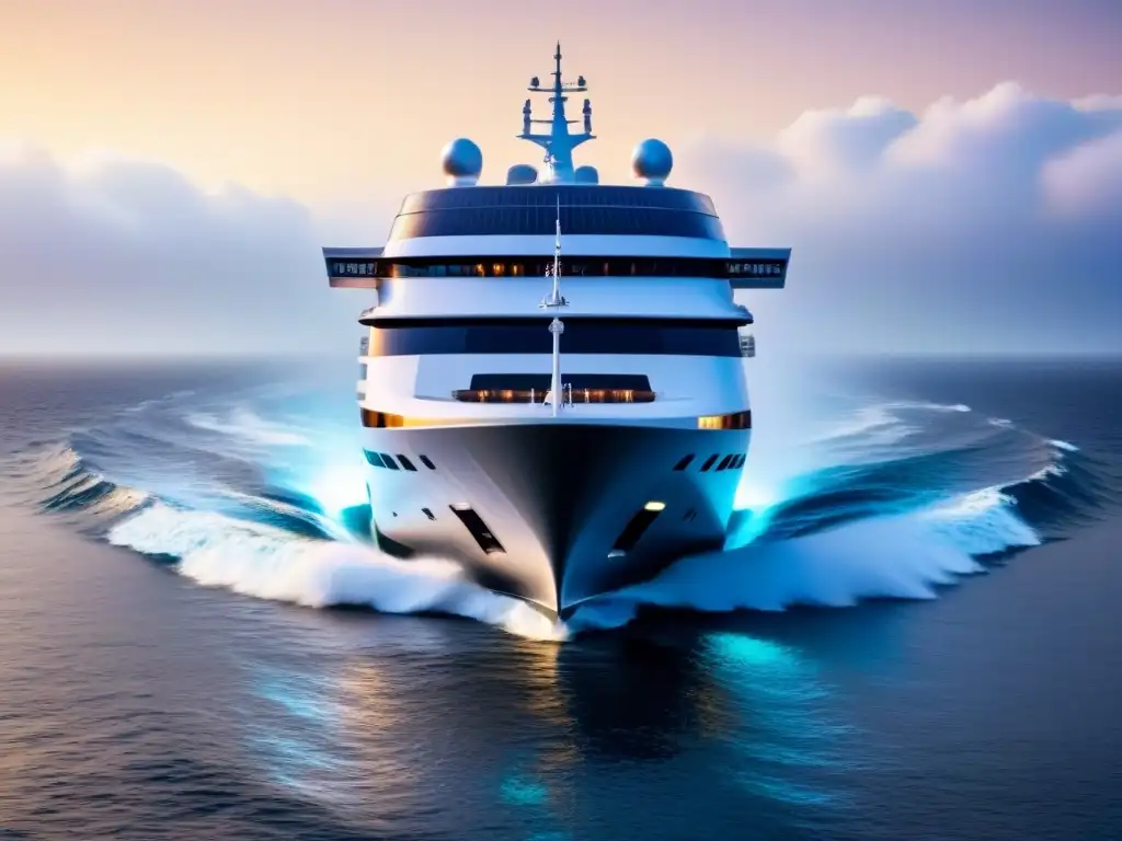 Un crucero futurista navegando entre olas digitales, con tecnologías innovadoras en cruceros