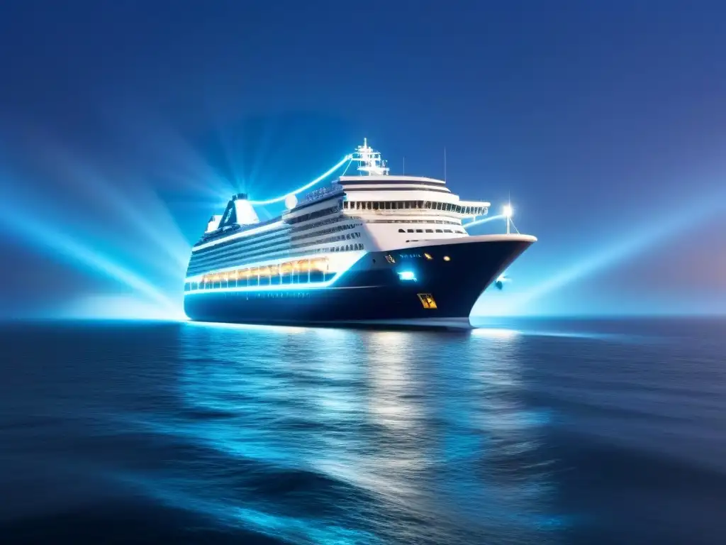 Un crucero futurista navega entre olas digitales, rodeado de una red de líneas interconectadas