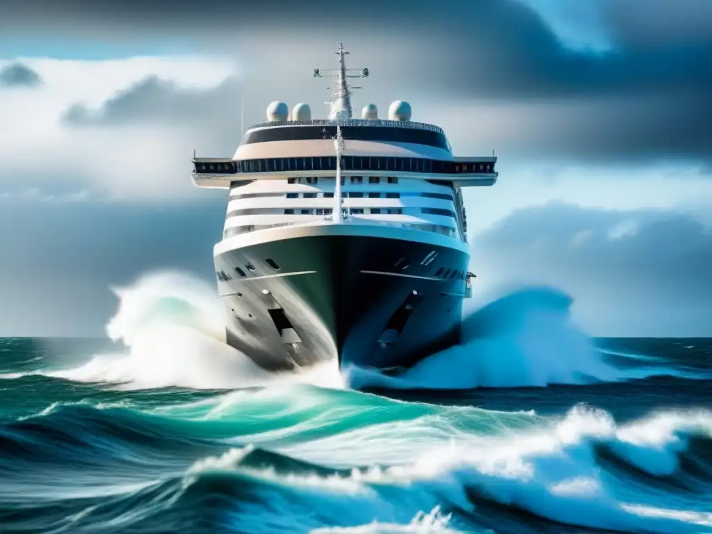 Un crucero futurista surca olas turbulentas bajo un cielo dramático, transmitiendo la emoción de los cruceros de aventura extrema