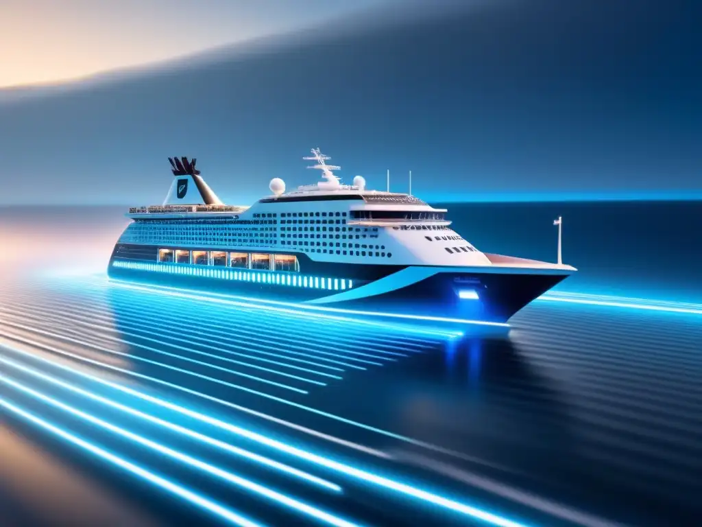 Un crucero futurista navega entre ondas digitales con un escudo de código binario, reflejando seguridad cibernética en cruceros