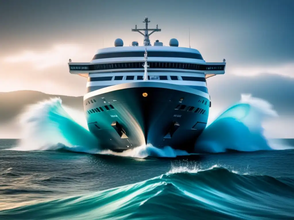 Un crucero futurista navega entre ondas digitales, simbolizando vulnerabilidades cibernéticas en cruceros de seguridad