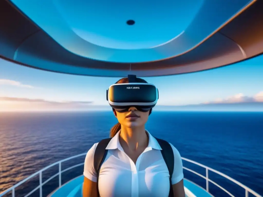 Un crucero futurista navega por un paisaje de realidad virtual con gafas flotantes