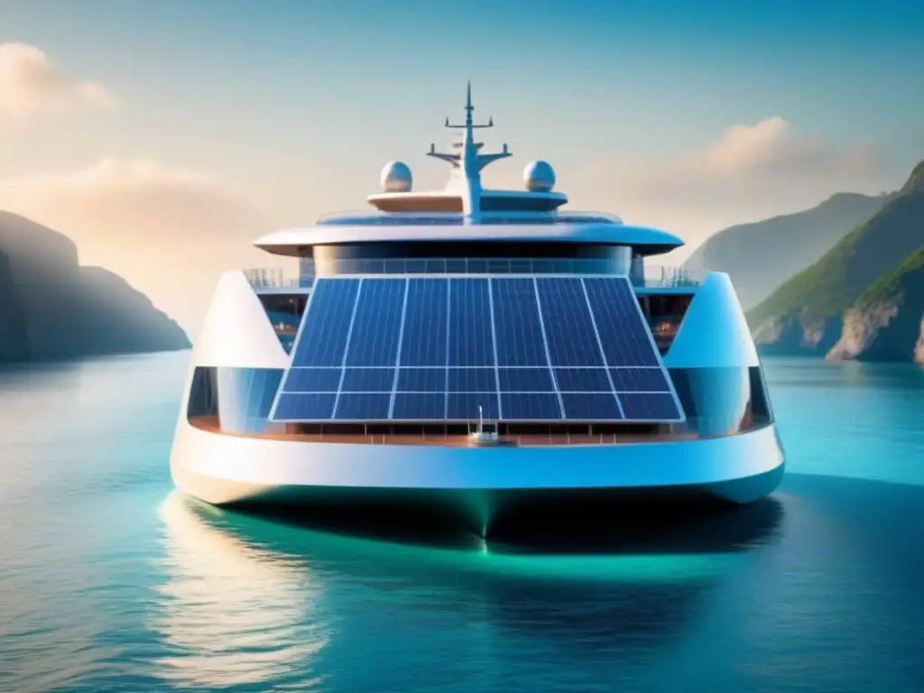 Un crucero futurista con paneles solares, navegando en aguas cristalinas bajo el sol radiante