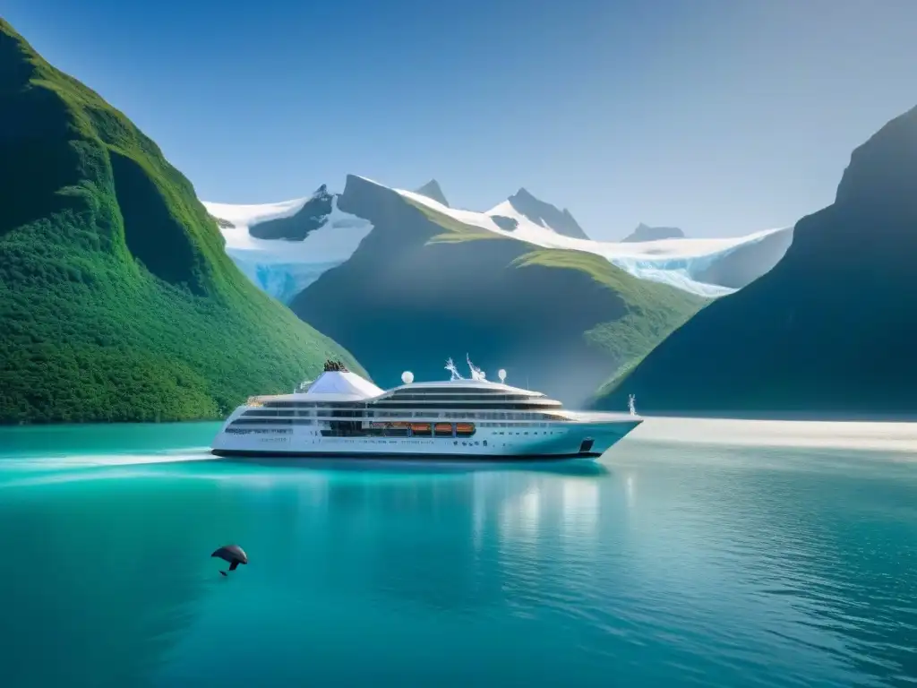 Un crucero futurista con paneles solares, rodeado de delfines y contrastes naturales