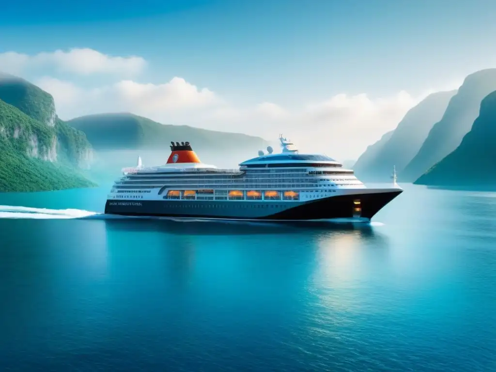 Un crucero futurista con paneles solares, navegando entre islas verdes y cielo azul