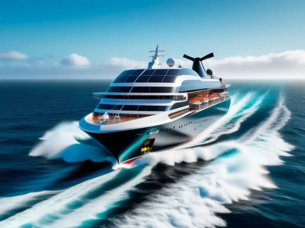 Crucero futurista ecofriendly en alta mar Un crucero futurista con potencial energético, navegando entre olas y aguas tranquilas