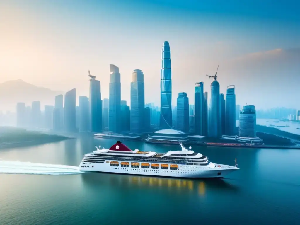 Crucero futurista surcando la ciudad asiática innovadora Un crucero futurista navega entre rascacielos en una ciudad asiática avanzada, fusionando tradición con modernidad