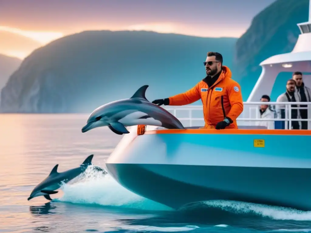 Un crucero futurista con reciclaje a bordo y delfines saltando en aguas cristalinas al atardecer