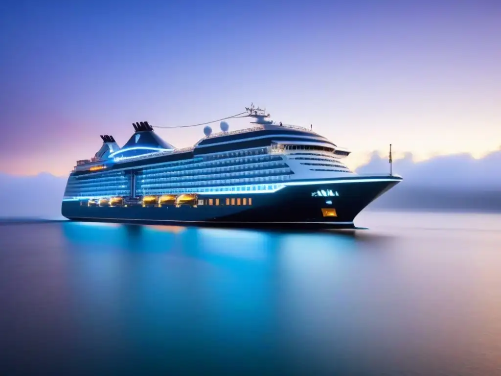 Un crucero futurista navega en una red blockchain, simbolizando transacciones seguras de criptomonedas