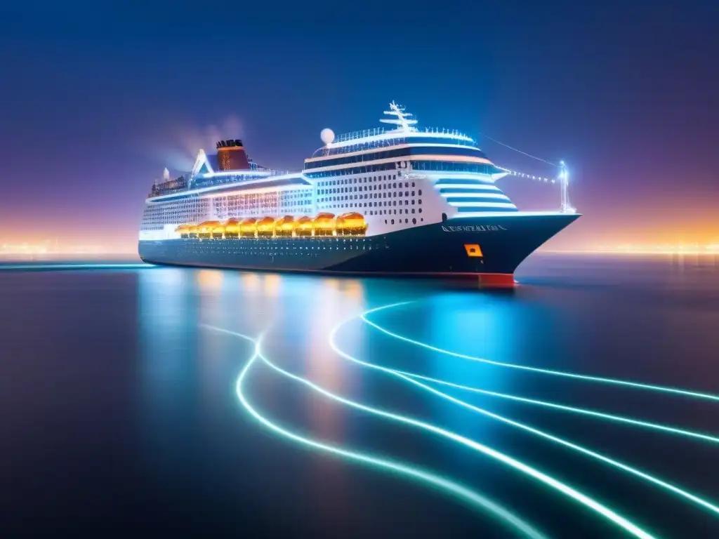 Un crucero futurista rodeado por una red blockchain, simbolizando seguridad en transacciones de la industria de cruceros