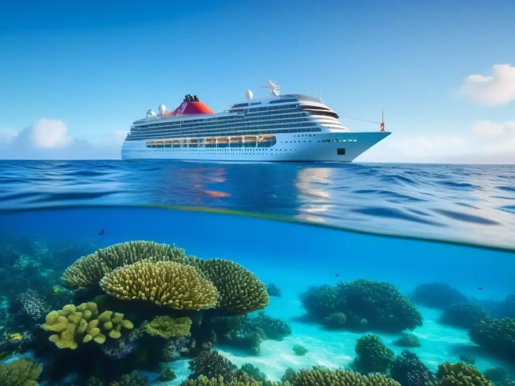 Un crucero futurista sostenible navegando en aguas cristalinas entre un arrecife de coral vibrante