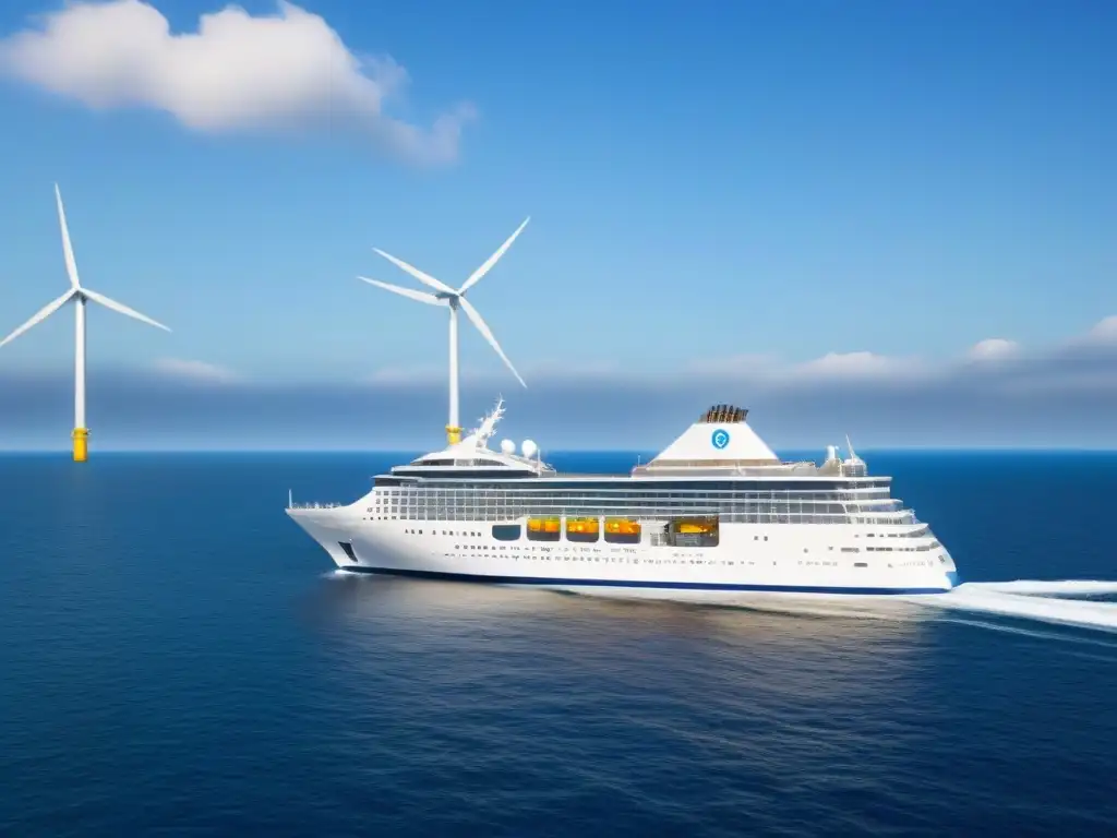 Un crucero futurista y sostenible navega en armonía con el mar y el sol, destacando el impacto de las energías renovables en cruceros