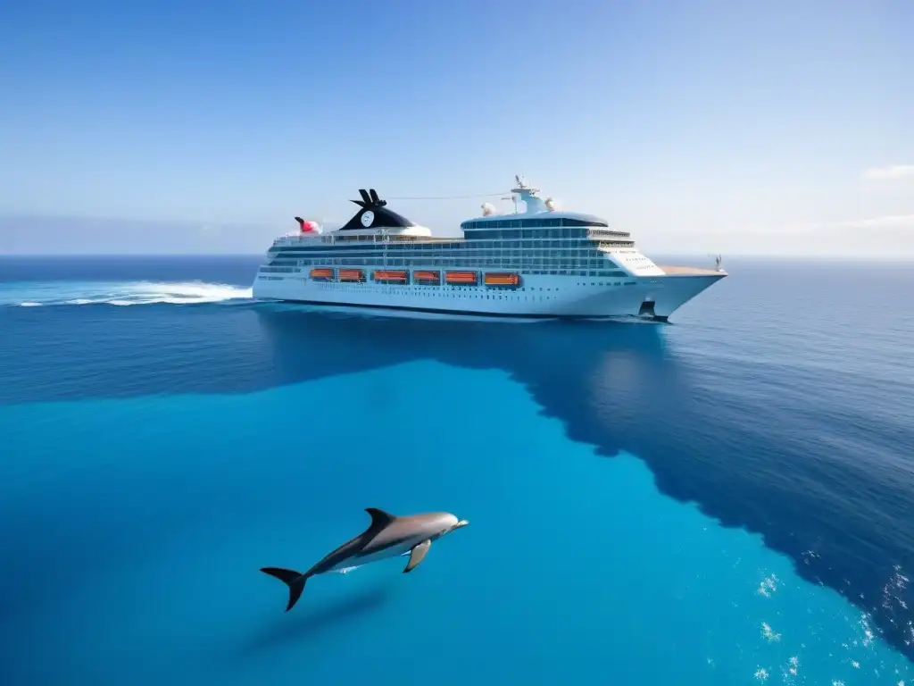 Un crucero futurista sostenible navegando junto a delfines en aguas cristalinas