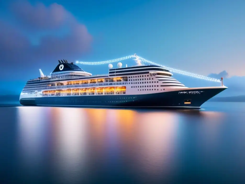 Un crucero futurista navega con tecnología digital avanzada bajo un cielo estrellado, simbolizando el avance en comunicación marítima