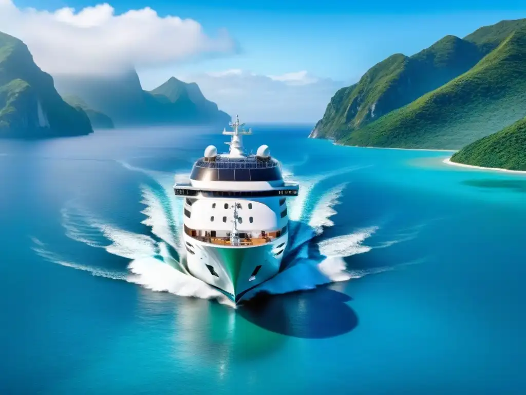 Crucero futurista con tecnología verde en aguas turquesas, islas verdes y delfines juguetones