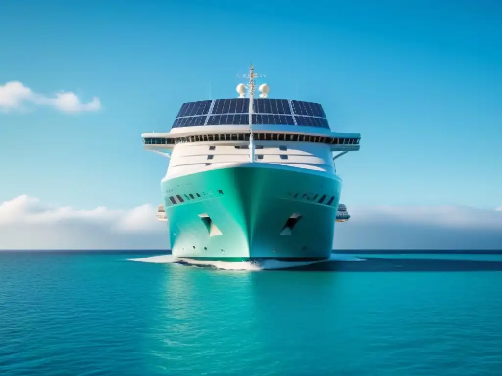 Un crucero futurista con tecnología verde surca aguas turquesas, reflejando un escenario ecoamigable