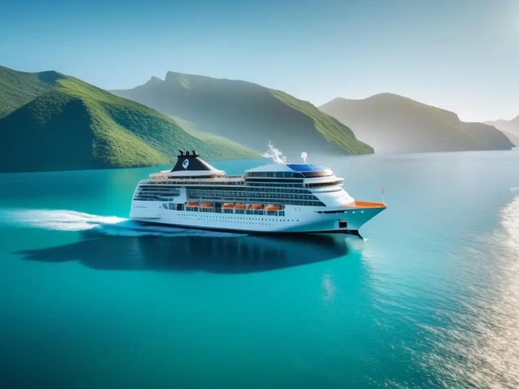 Un crucero futurista con tecnología verde navega entre islas verdes, con delfines saltando