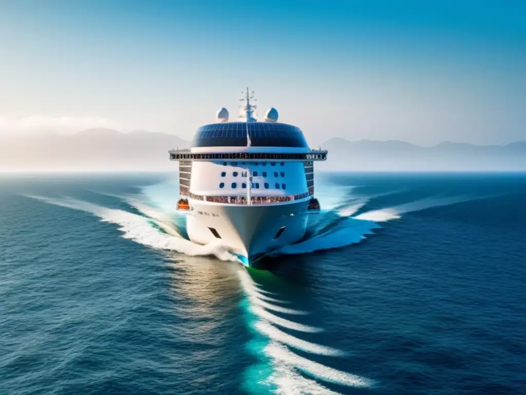 Un crucero futurista con tecnologías de energías renovables navegando en aguas cristalinas bajo el sol radiante