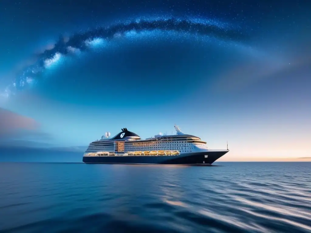 Un crucero futurista con tecnologías innovadoras en cruceros navegando en aguas cristalinas bajo un cielo estrellado