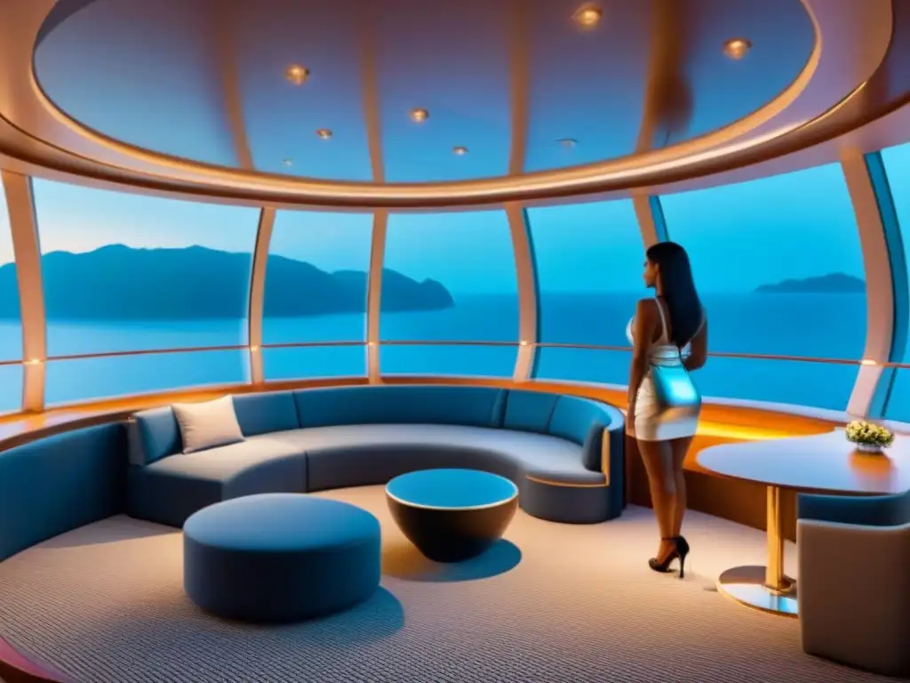 Un crucero futurista con toques de cultura pop, diseño moderno y ventanas panorámicas bajo un cielo estrellado