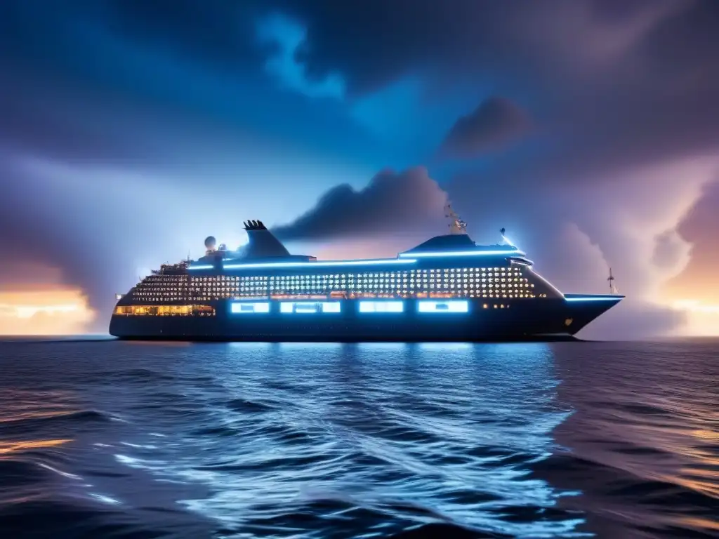 Un crucero futurista navega en una tormenta digital de código binario, simbolizando la seguridad cibernética en cruceros