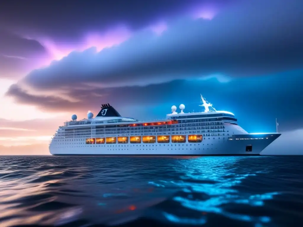 Un crucero futurista navega en una tormenta digital de código binario, simbolizando la seguridad cibernética en cruceros