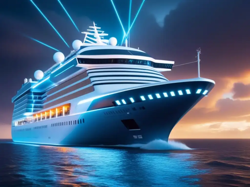 Un crucero futurista navega entre una tormenta digital de datos binarios, simbolizando la seguridad cibernética en cruceros