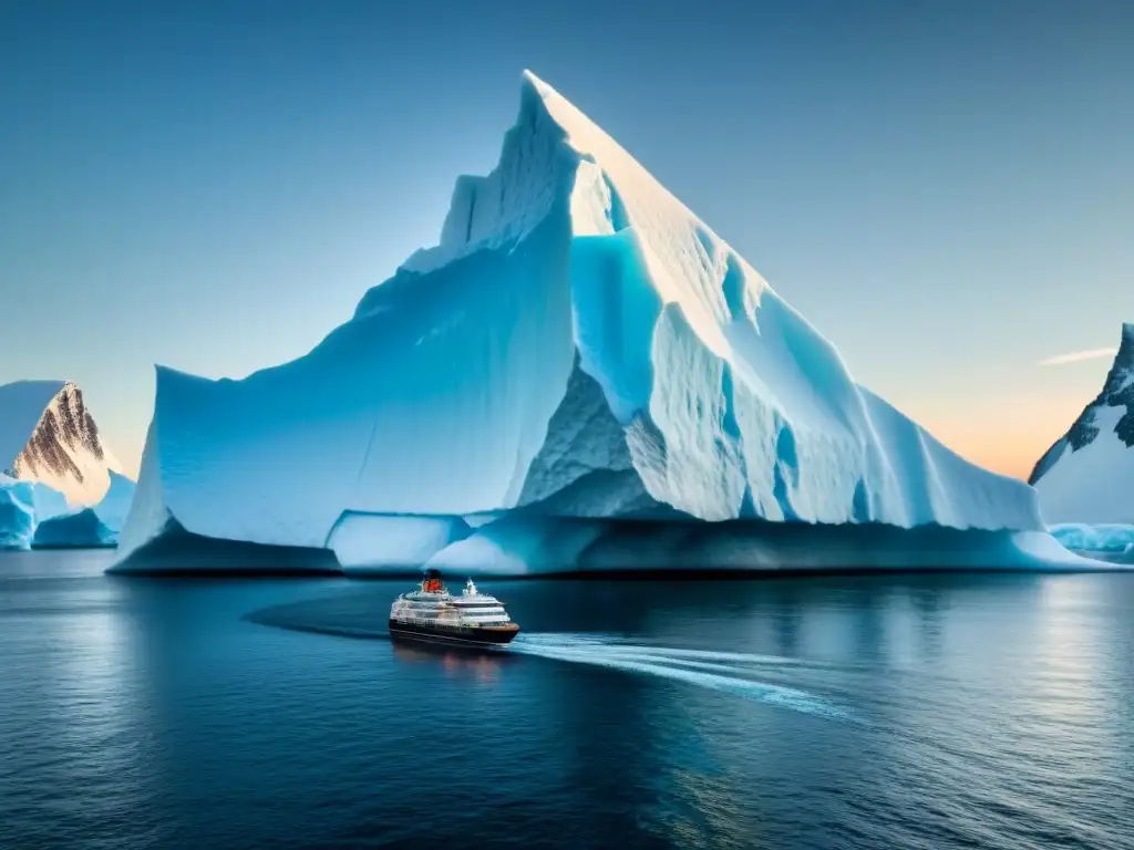 Expedición en crucero admira gigantesco iceberg en paisaje polar, mostrando la magnitud y belleza de la exploración polar