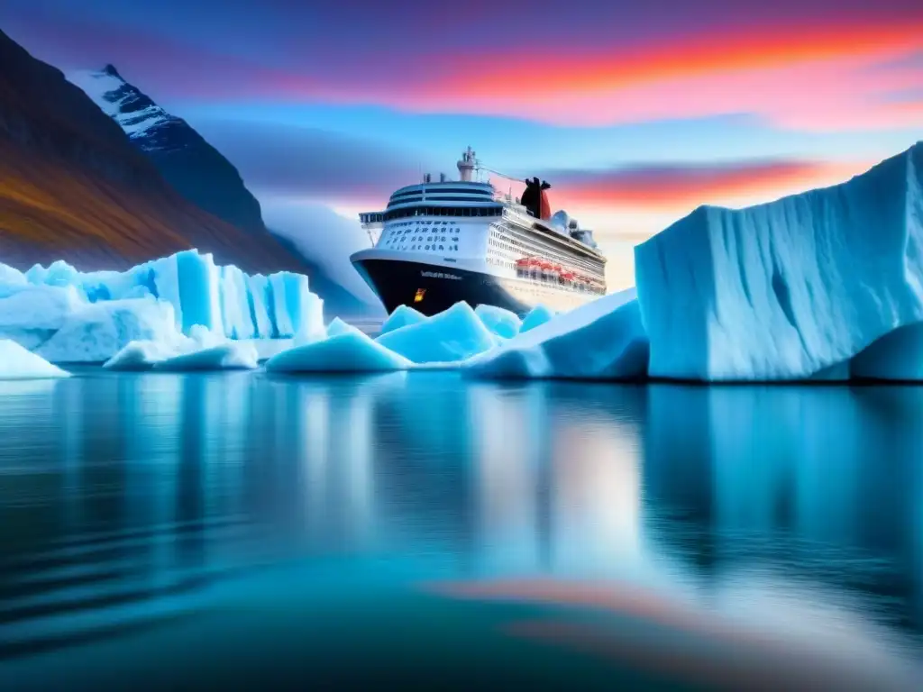 Un crucero navega entre glaciares derretidos al atardecer, mostrando el impacto del cambio climático y posibles soluciones